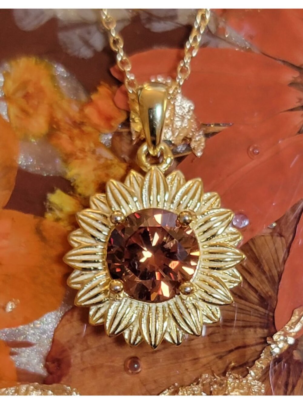 925 Sterling Silver Created Smoky Quartz Sunflower Necklace Gold Plated NWT